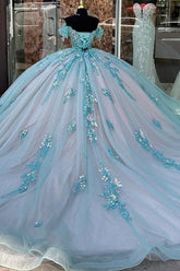 Sky Blue Ball Gown Off-Shoulder Sequined Tulle Quinceanera Dress for Sweet 16 & Formal Evenings